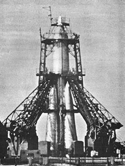 Sputnik on the launch pad being prepared for liftoff