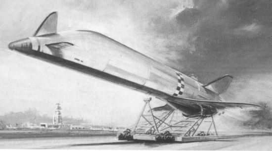 HOTOL being accelerated by its launch trolley during takeoff